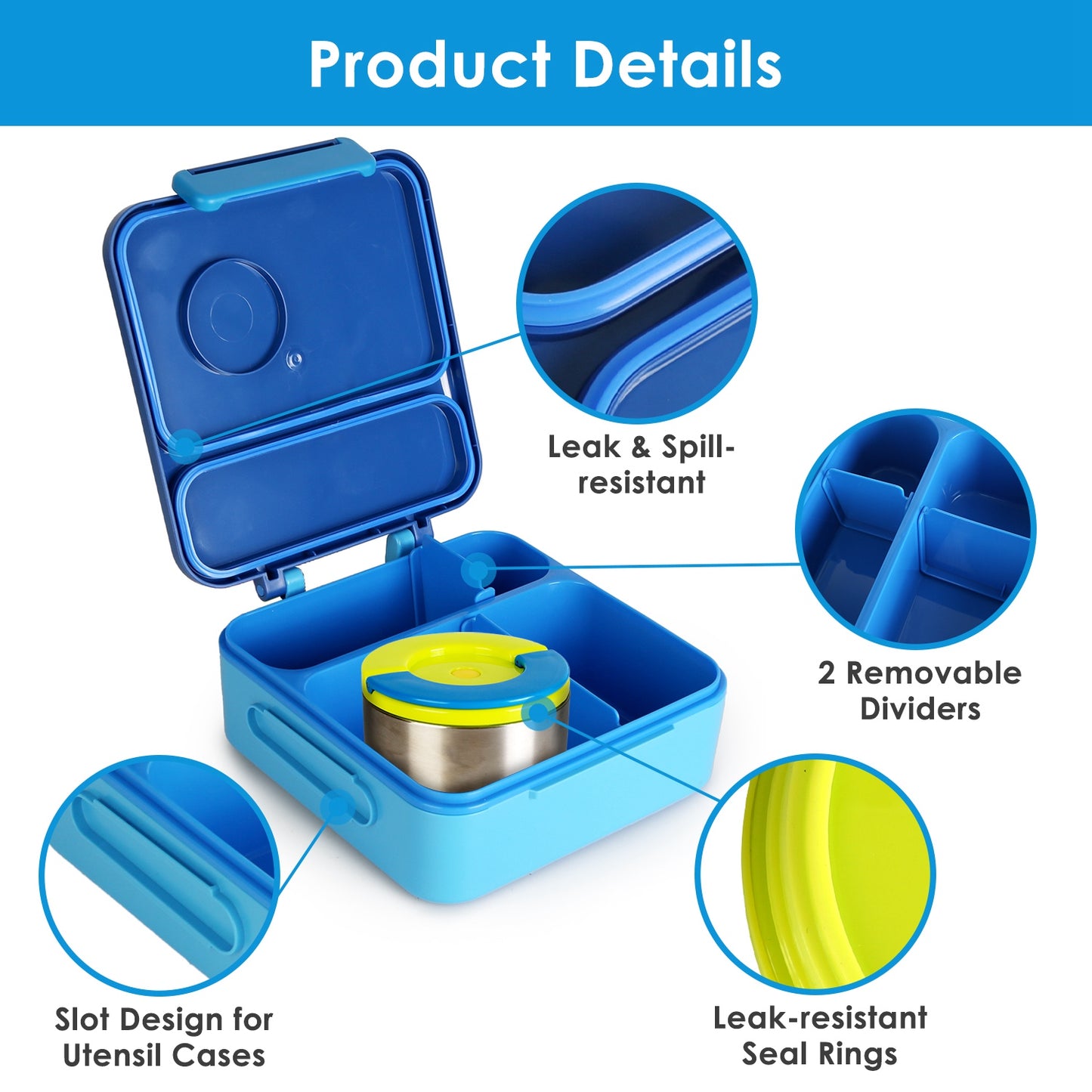 Kids Insulated Lunch Box Set with Storage Bag & Utensils - Blue