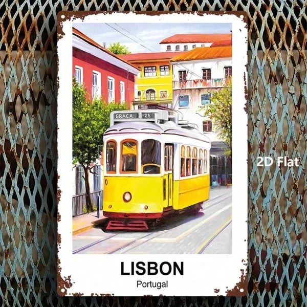 Vintage Lisbon Portugal Yellow Tram Metal Sign - 8x12 Inch Wall Art