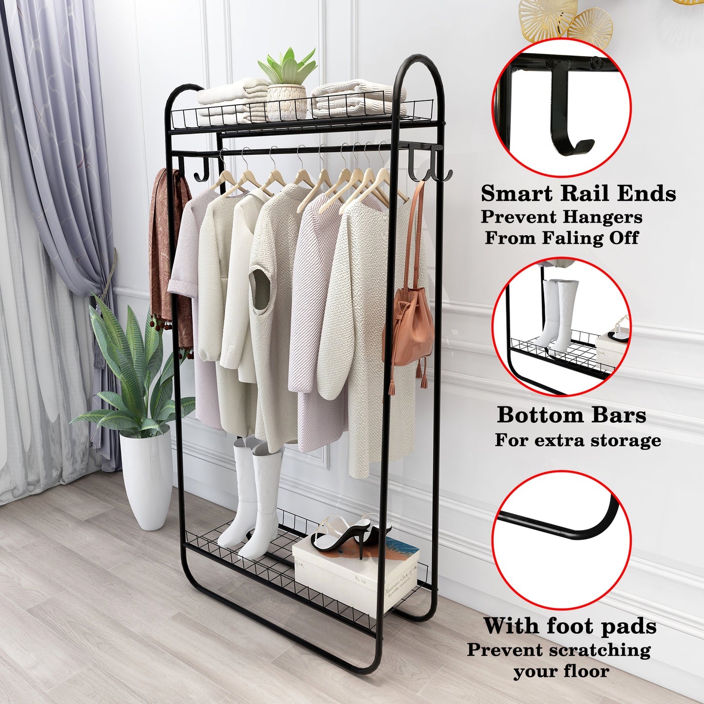 Heavy Duty Freestanding Clothes Rack with Double Shelves - Black