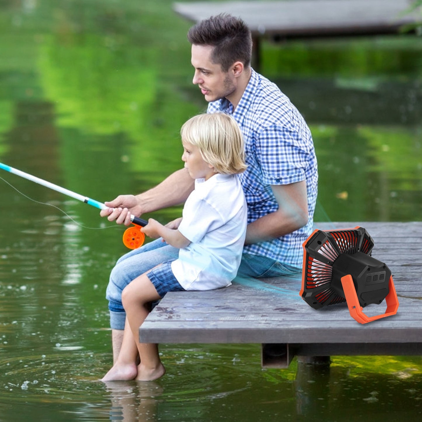 Portable Camping Lantern Fan - USB Rechargeable, 3 Wind & 4 Light Modes, Emergency Power Bank, Orange