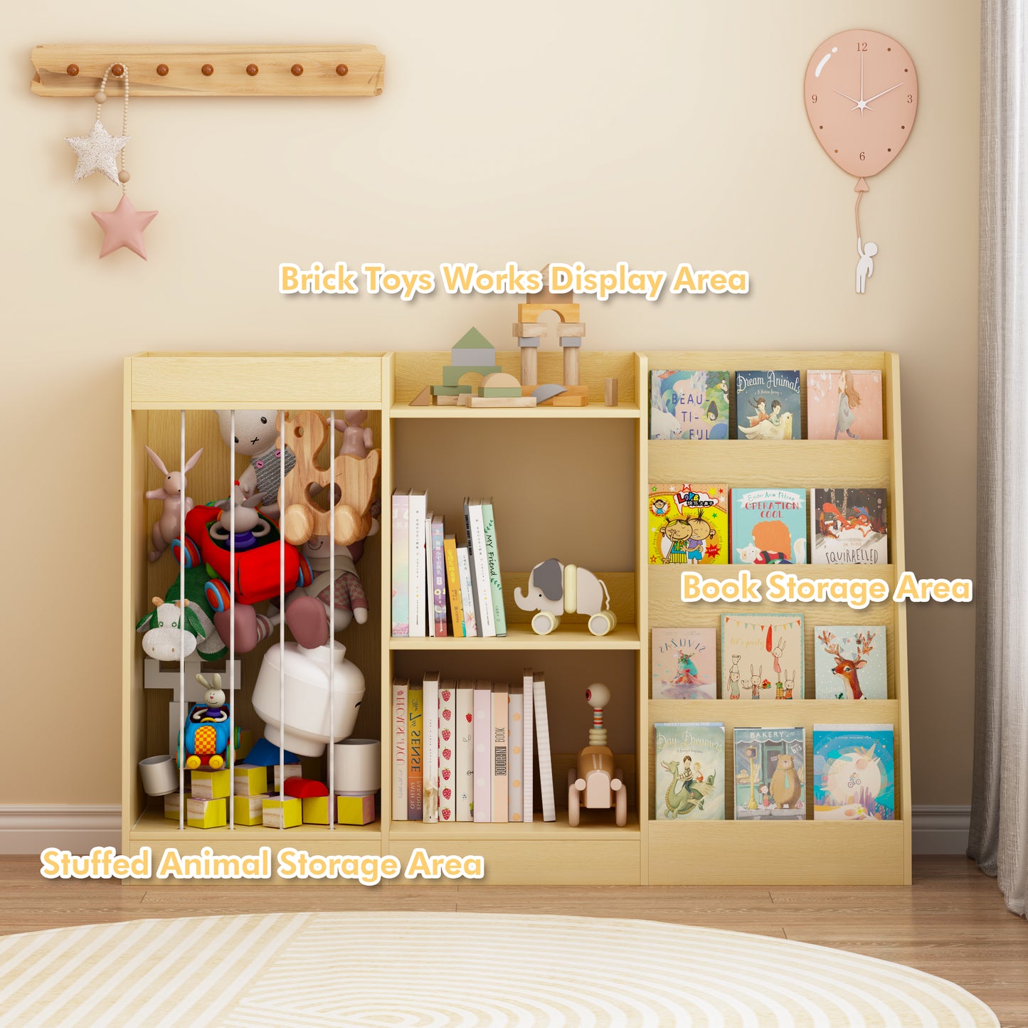 3-in-1 Kids Bookshelf and Toy Storage - Natural