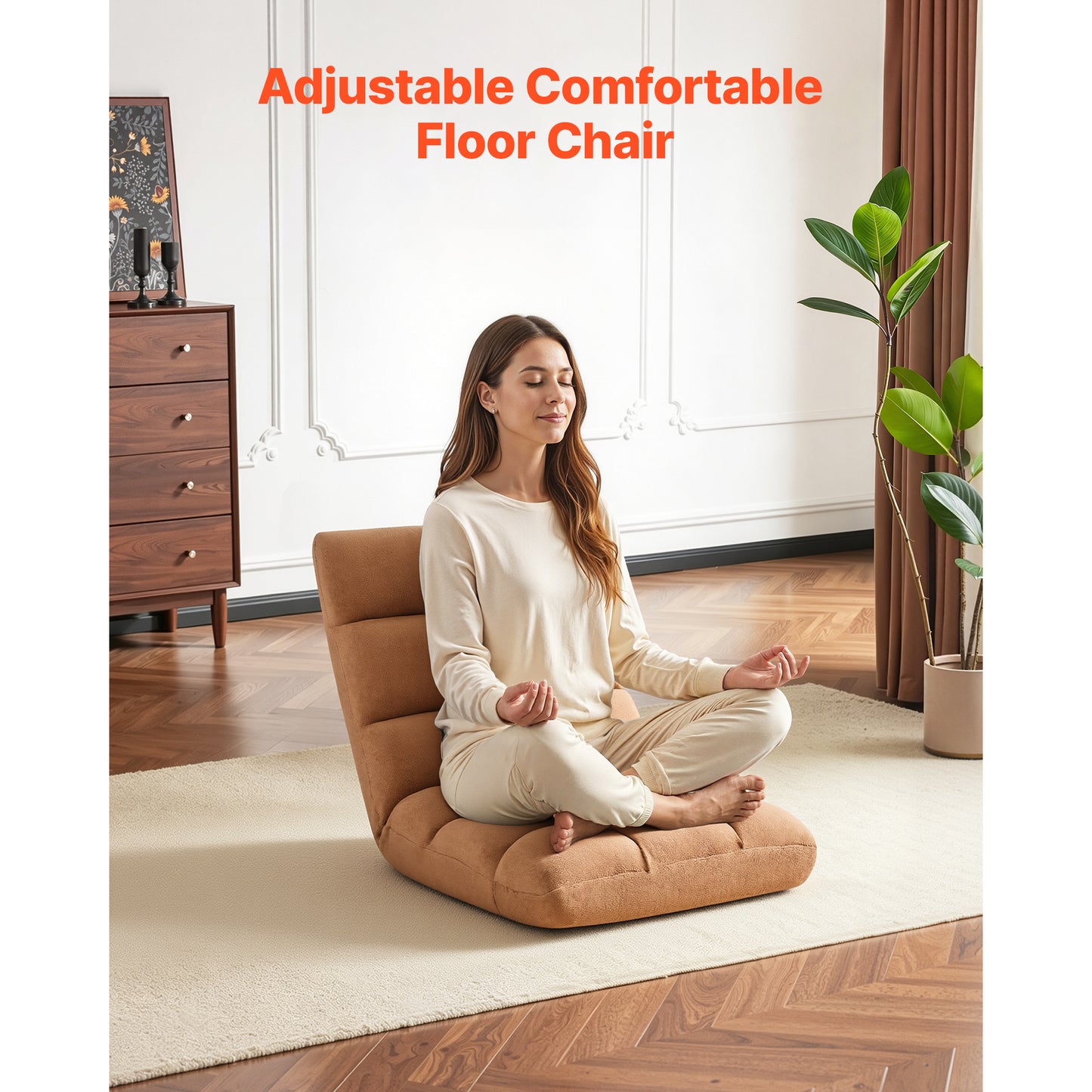 Adjustable Floor Gaming Chair with Back Support, Foldable, Sturdy Metal Frame, Recycled Foam & Coral Fleece, Brown