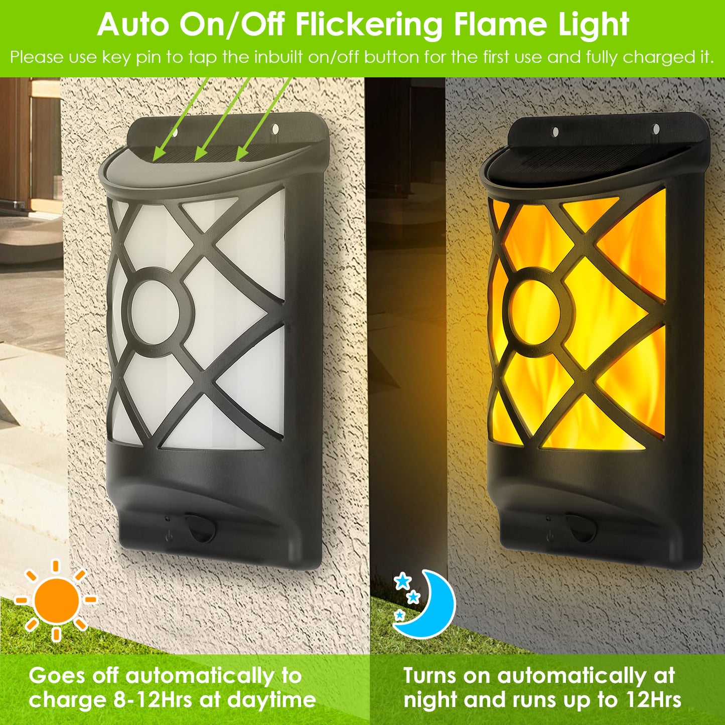 Outdoor Solar Flame Lights 96 LEDs Waterproof Wall Mount Lamp for Garden Patio Yard Black