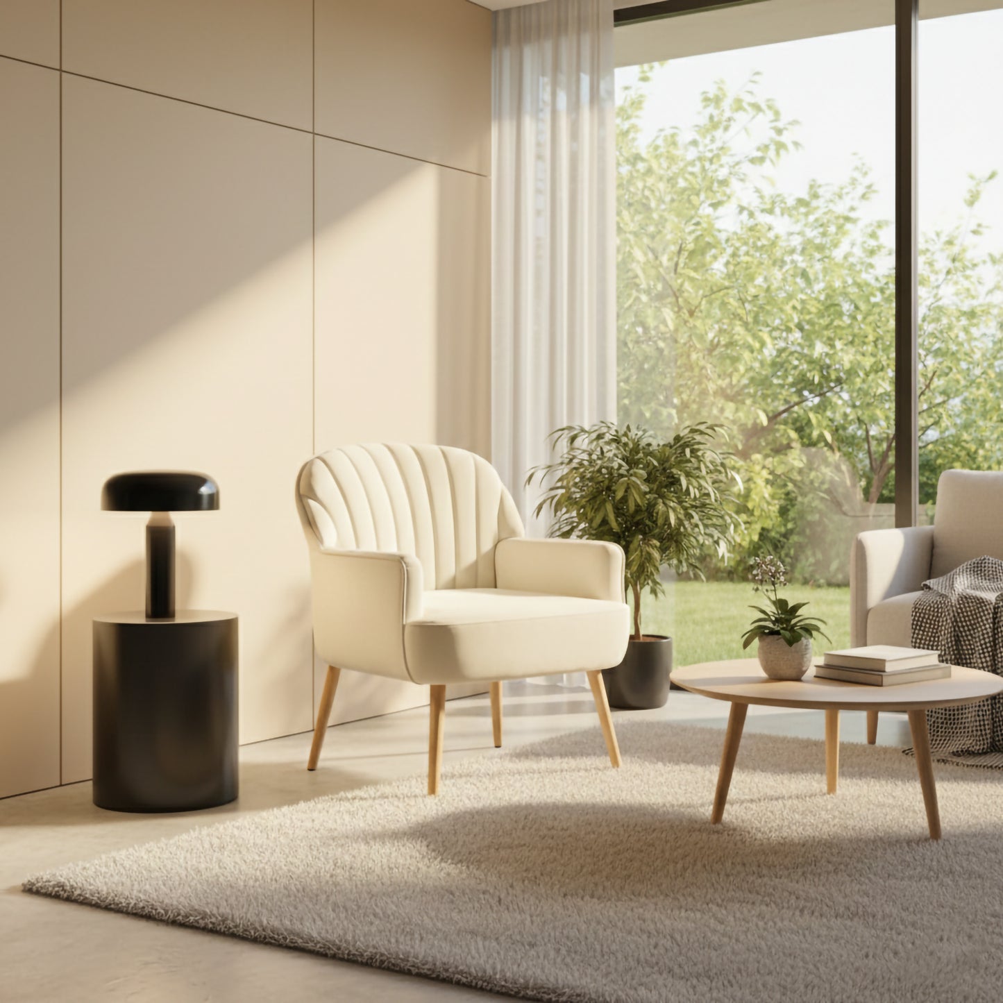 Beige Velvet Accent Chair - Modern Upholstered Barrel Armchair