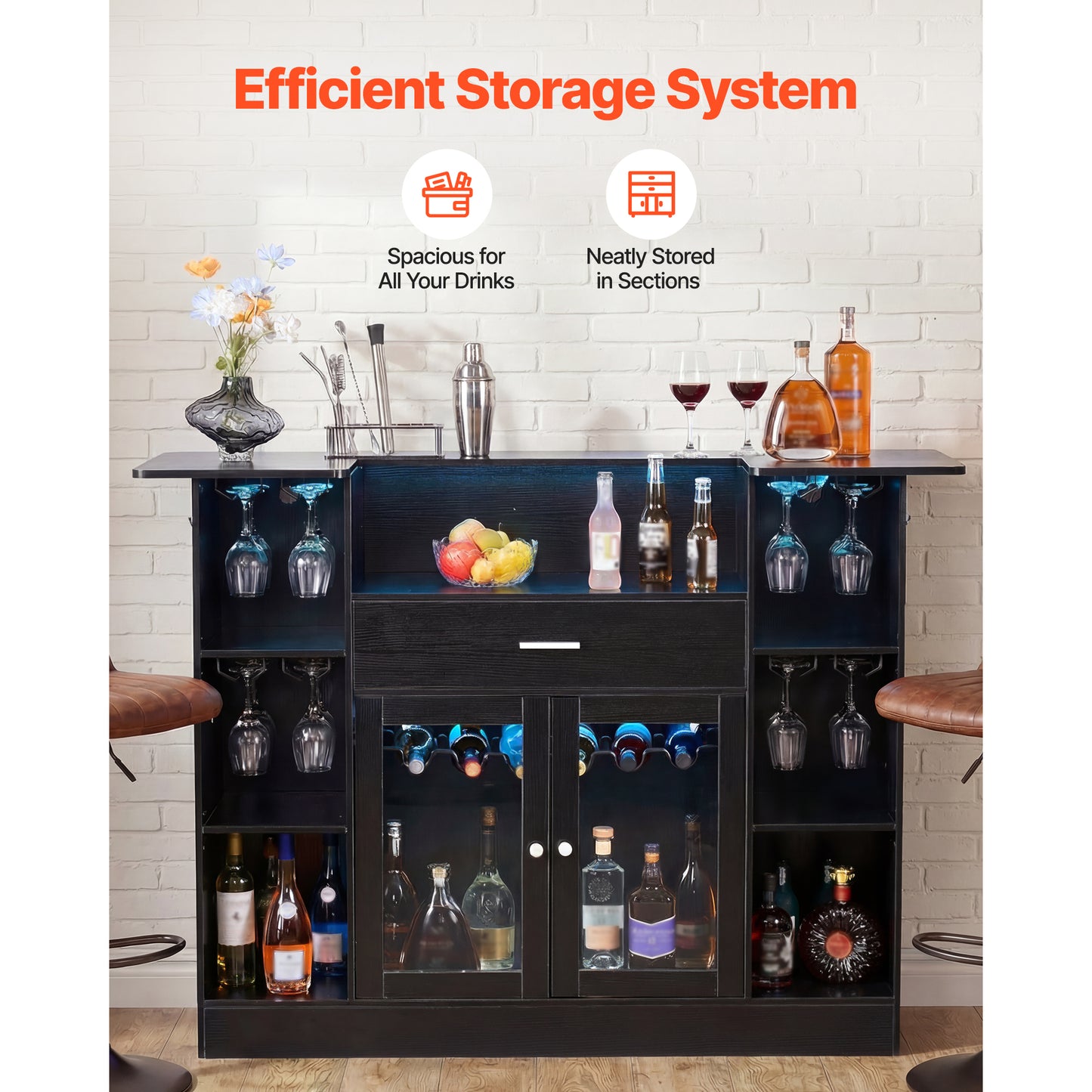 Home Bar Unit with Wine Storage & LED Lighting - 4-Tier Liquor Cabinet