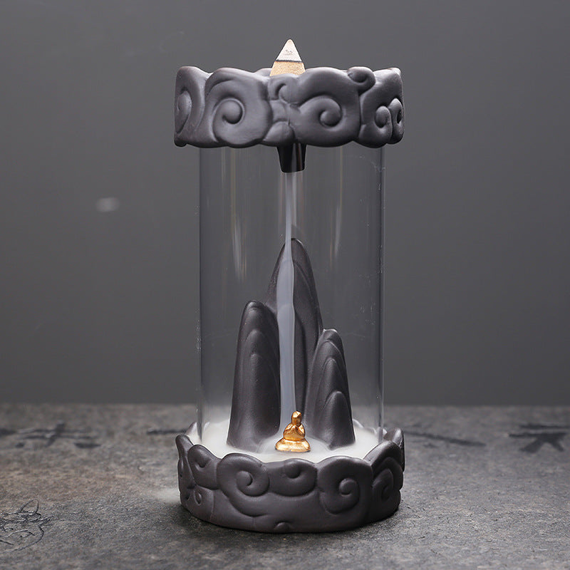 Backflow Incense Burner with Clouds Design - Gray Ceramic & Sand