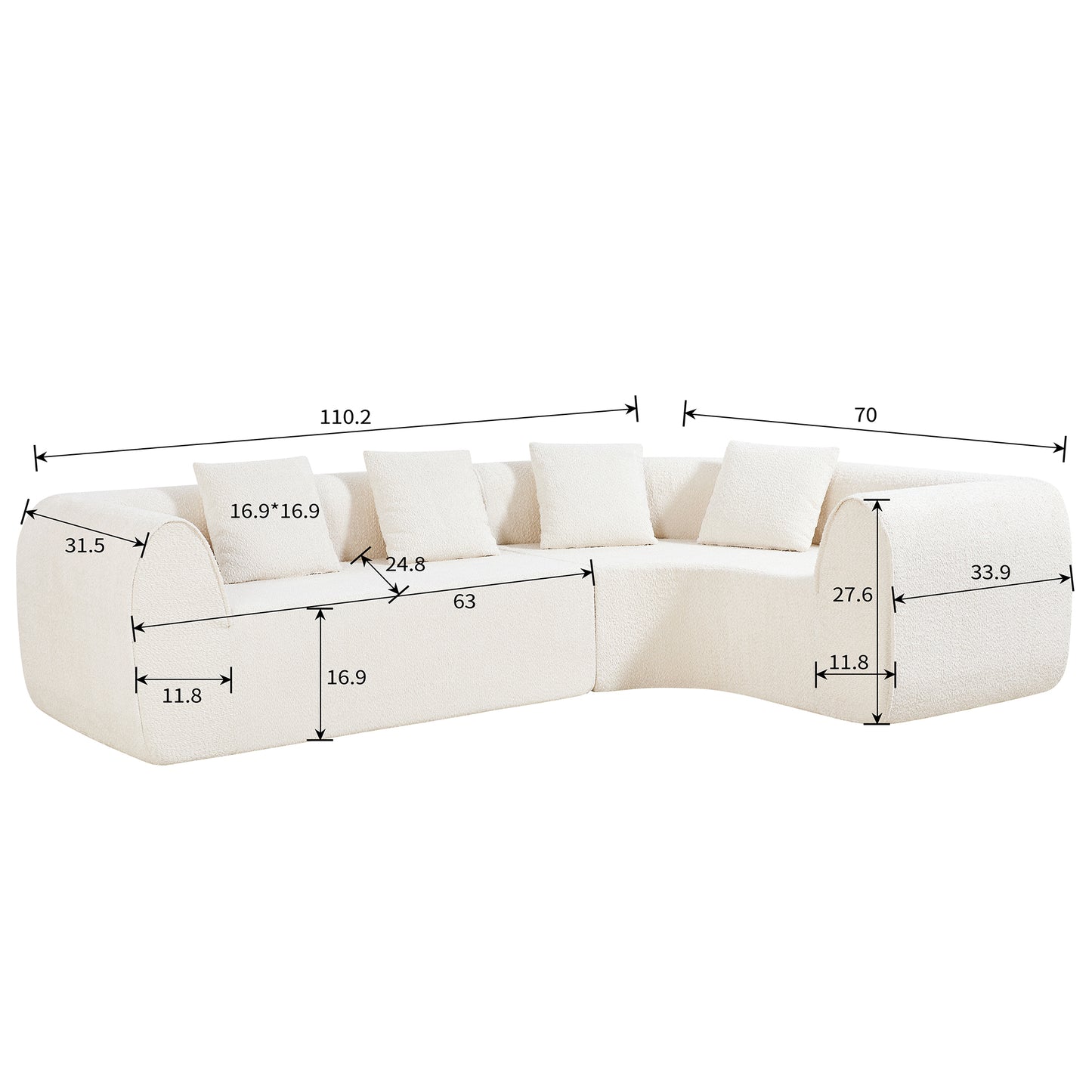 110" Modern Curved L-Shaped Sectional Sofa - White