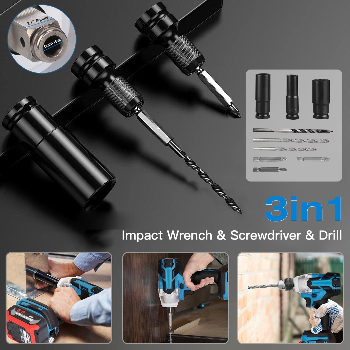 Cordless Impact Wrench 3-in-1 Brushless Power Tool with 2 Batteries, Sockets & Bits