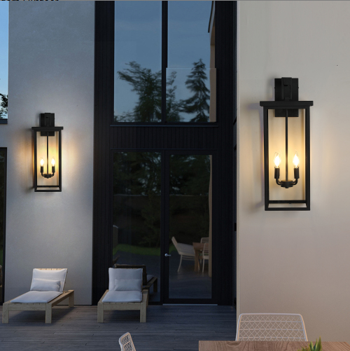 Outdoor Wall Lanterns - Modern Black Metal Frame with Clear Glass, Weatherproof Porch Sconces, No Bulbs
