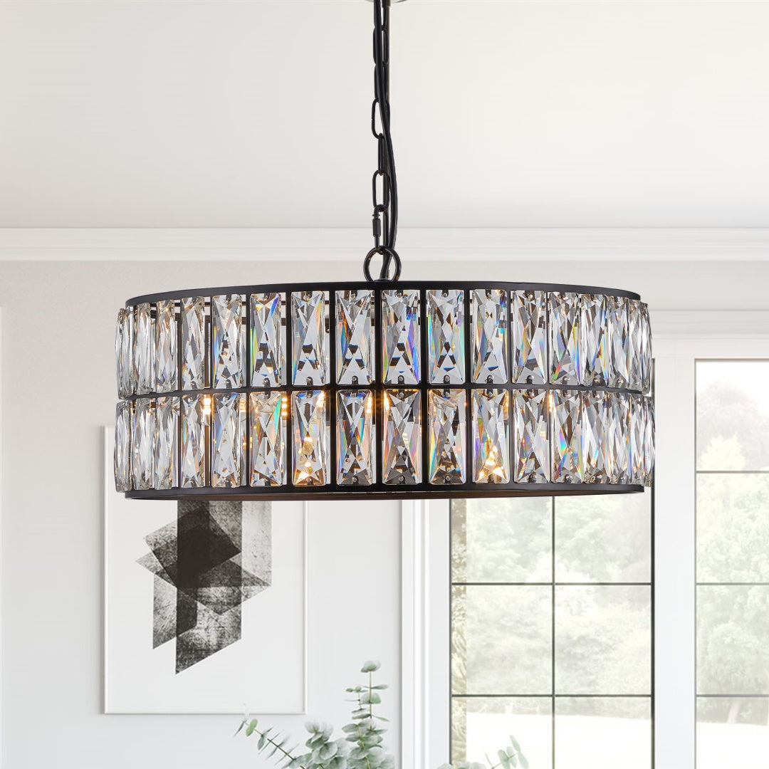 Black Crystal Drum Chandelier - 6-Light Pendant Fixture