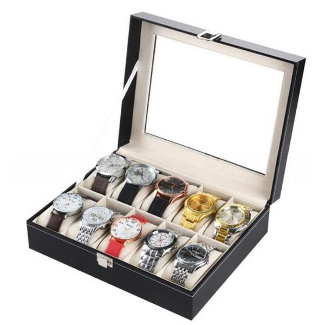 10 Compartments High-grade Leather Watch Storage Box Black