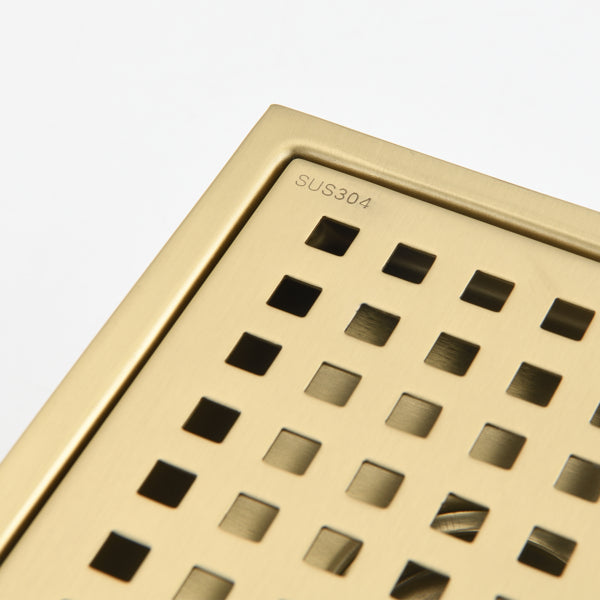 6 Inch Square Shower Drain with Removable Grate and Hair Strainer - Brushed Gold Stainless Steel