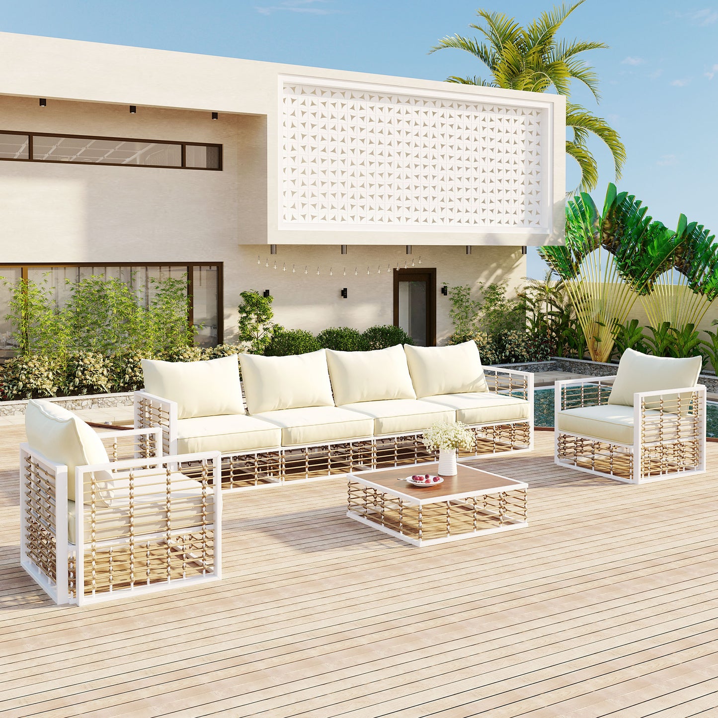 Modern Minimalist 7-Piece Metal Patio Sectional Sofa Set - White