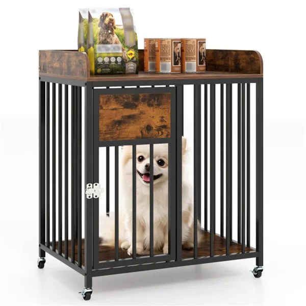 2-in-1 Dog Crate Furniture with Lockable Wheels - Small Dog Kennel