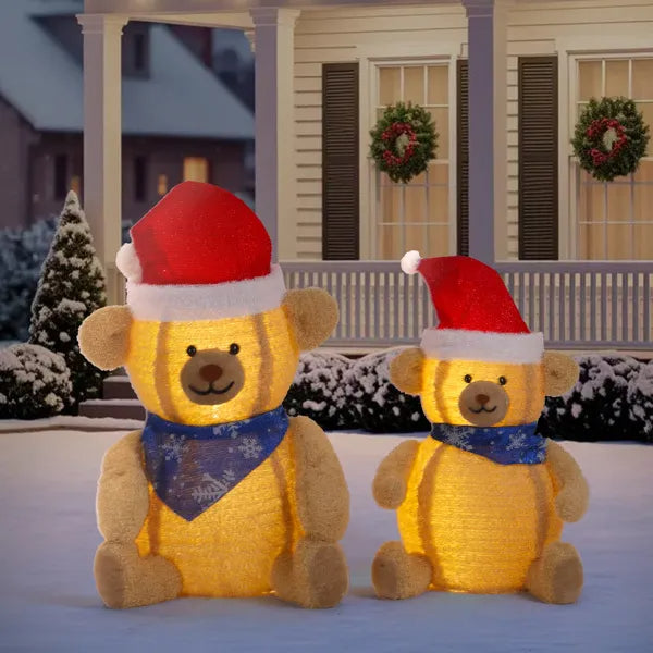 Set of 2 Lighted Plush Bear Christmas Decorations with 60 LED Lights