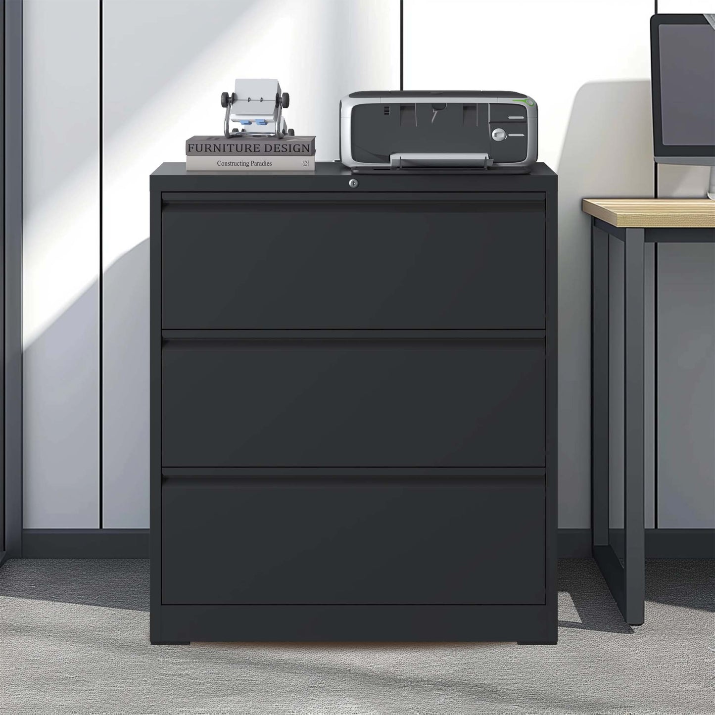 Lateral File Cabinet 3 Drawer, Black Filing With Lock, Lockable For