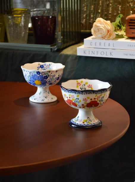 Hand-Painted Ceramic Ice Cream Cup - High-Stemmed, Forget-Me-Not Blue