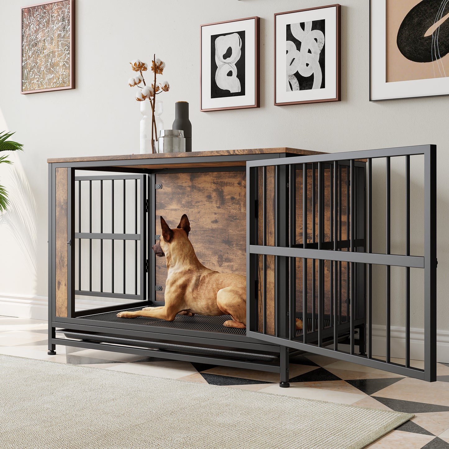 Wooden Dog Crate Table with Sliding Doors - Large Dog Kennel