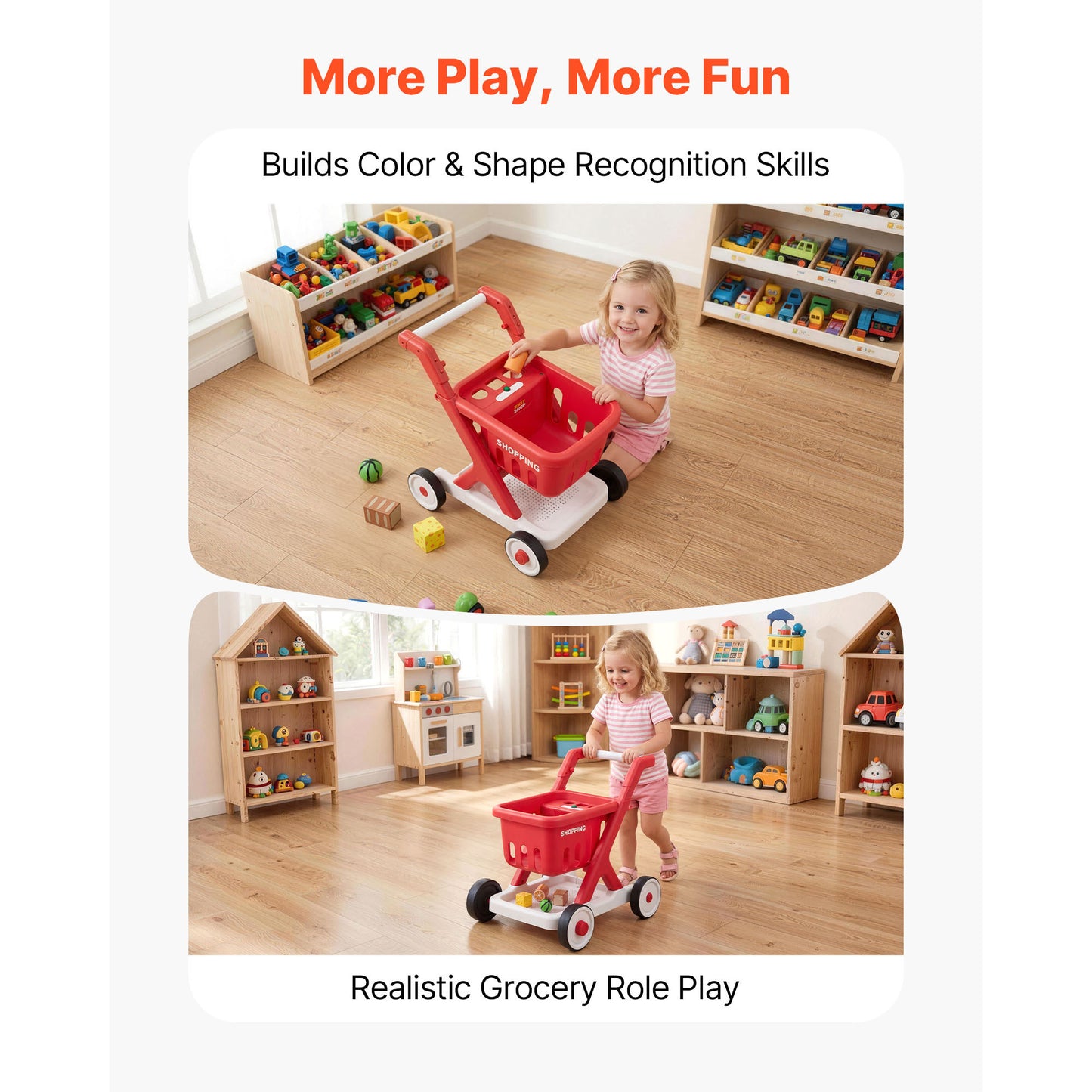 Kids Shopping Cart with Pretend Food Lights & Sound - Toddler Play Grocery Trolley