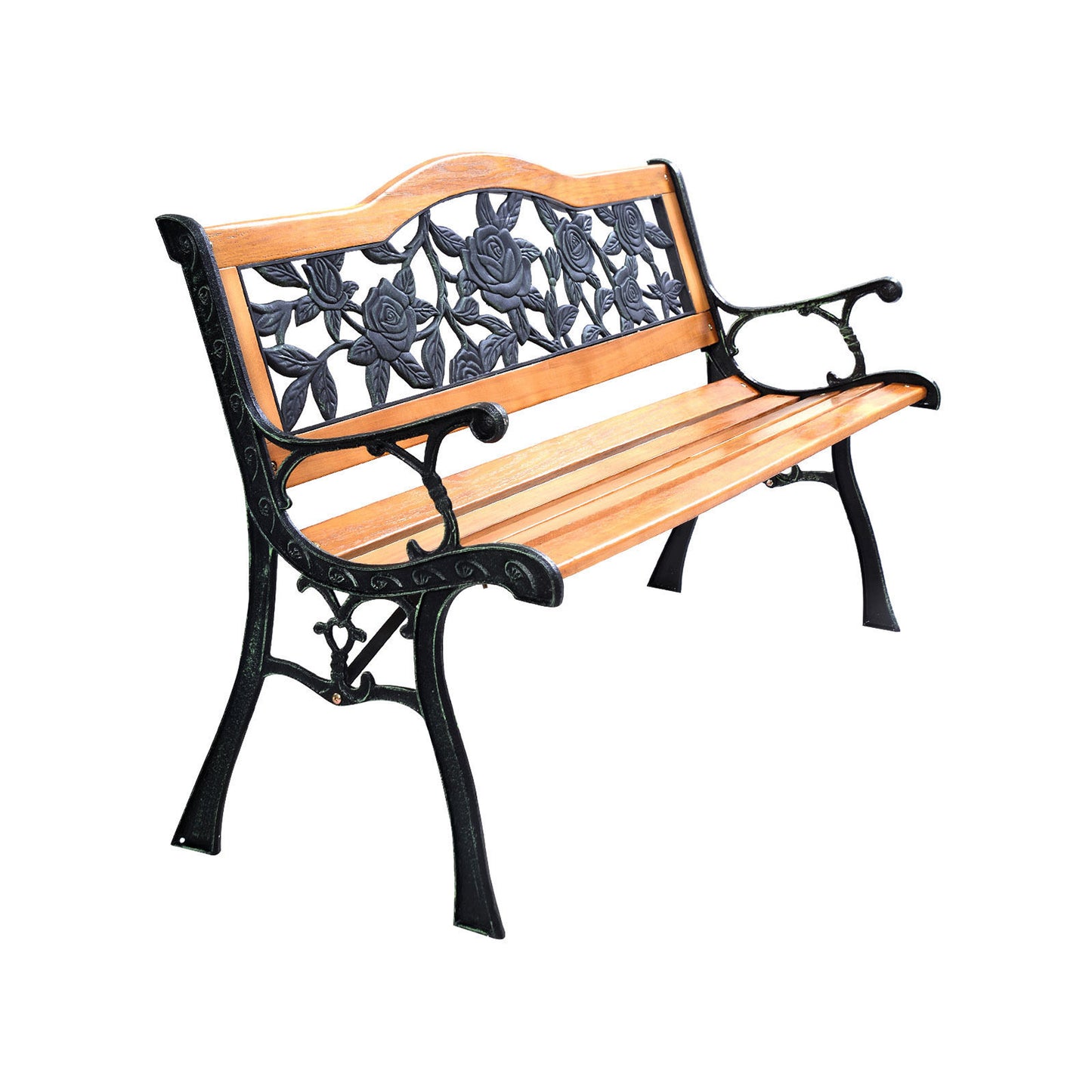 Outdoor Wooden Loveseat Bench with Iron Armrests - 3-Seater