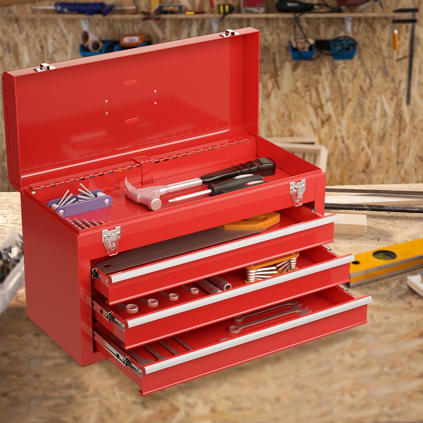 Portable Tool Cabinet with 3 Drawers - Red Mechanic Storage