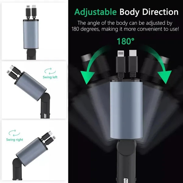 Car USB Fast Charger 120W 4-Port with Retractable Cables & Adjustable Angle
