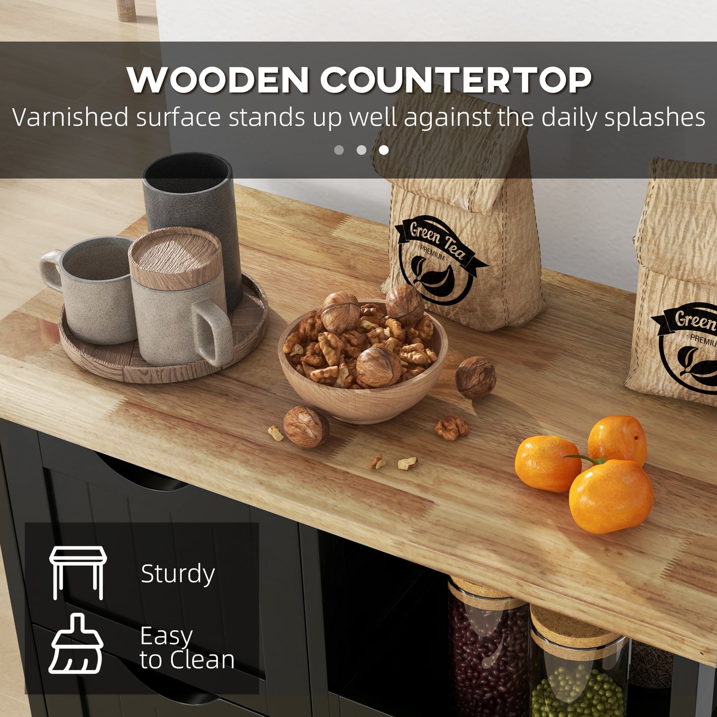 Rolling Kitchen Cart with Wood Top and Storage Shelves - Black
