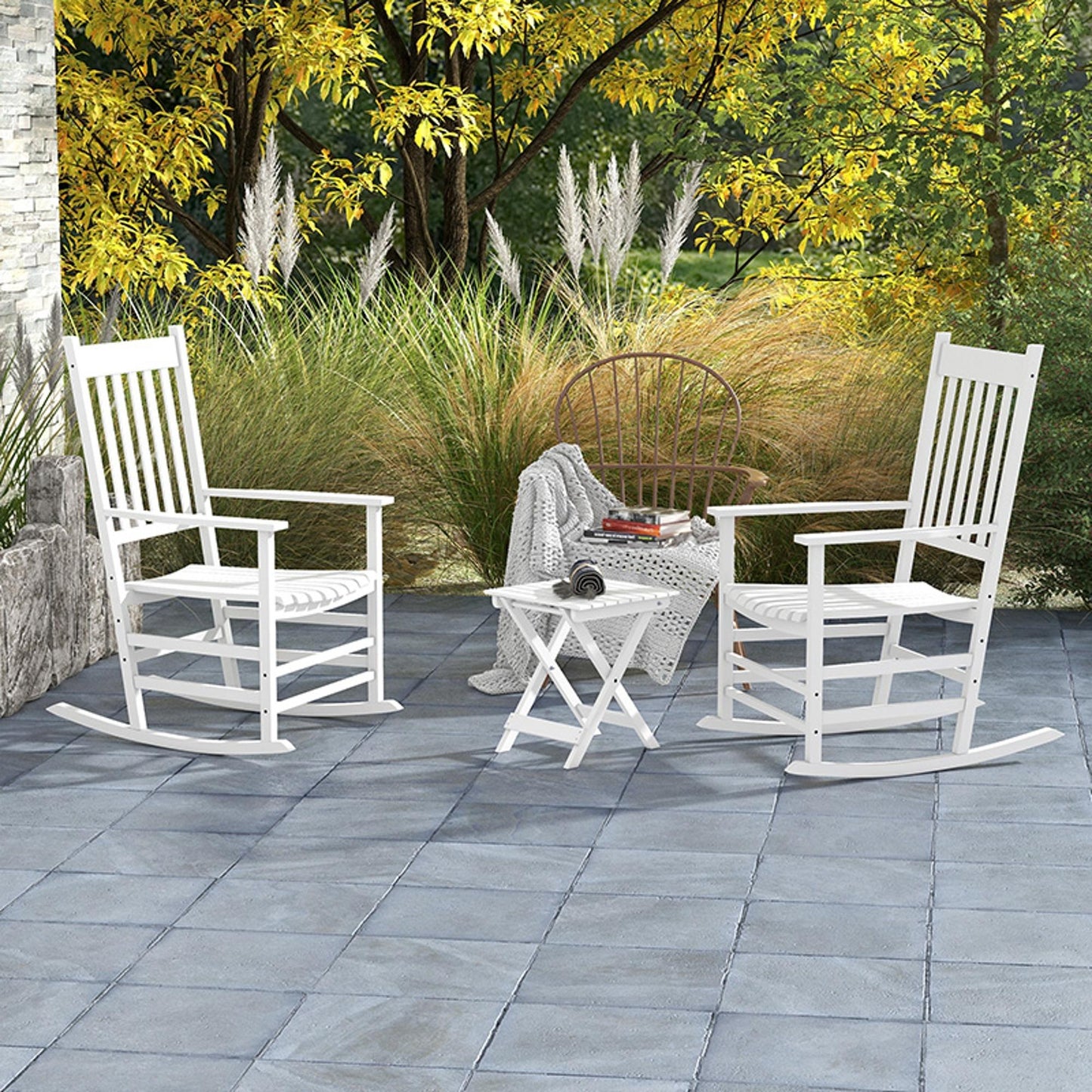 Wooden Rocking Chair Set of 2 with Side Table - White