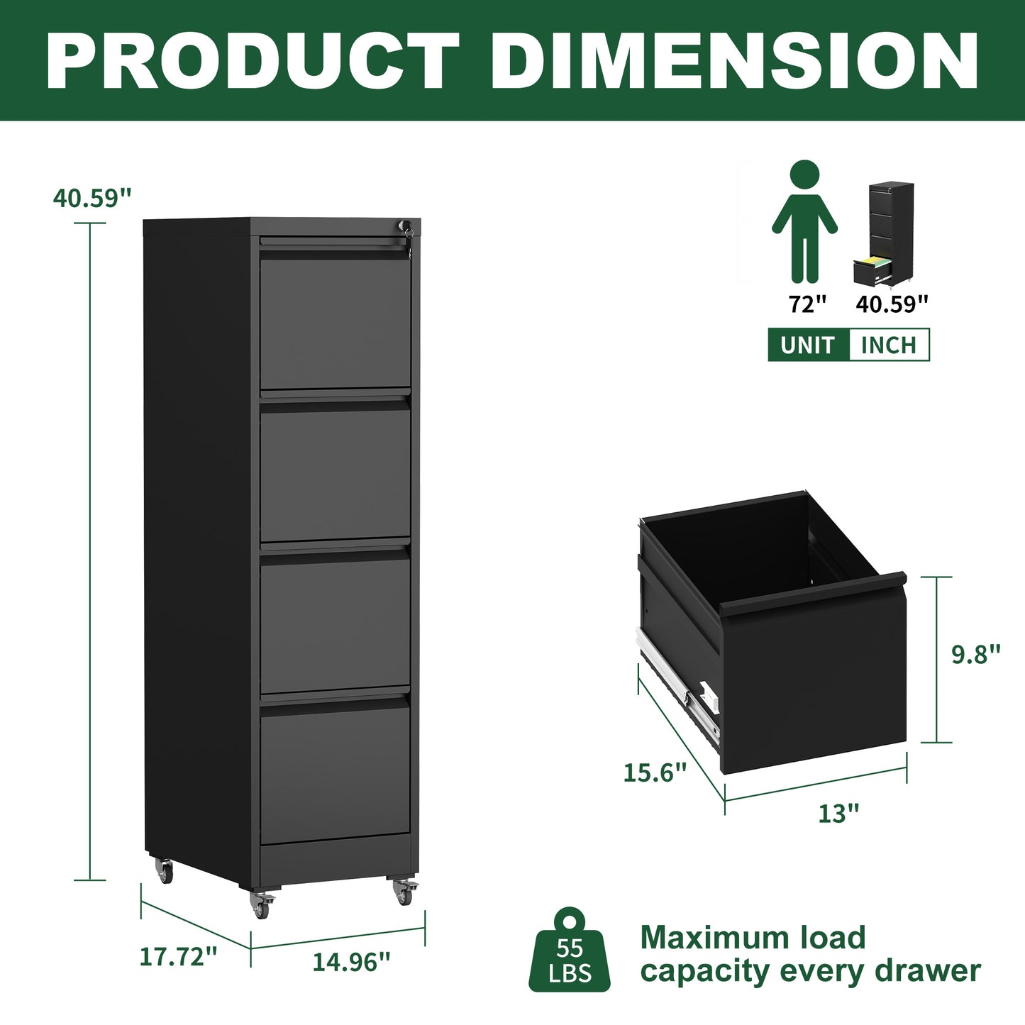 4 Drawer Metal Locking Vertical File Cabinet On Wheels -Heavy-Duty