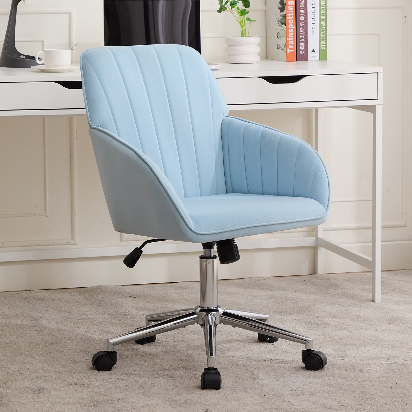Ergonomic Swivel Office Chair - Adjustable Velvet Seat in Baby Blue