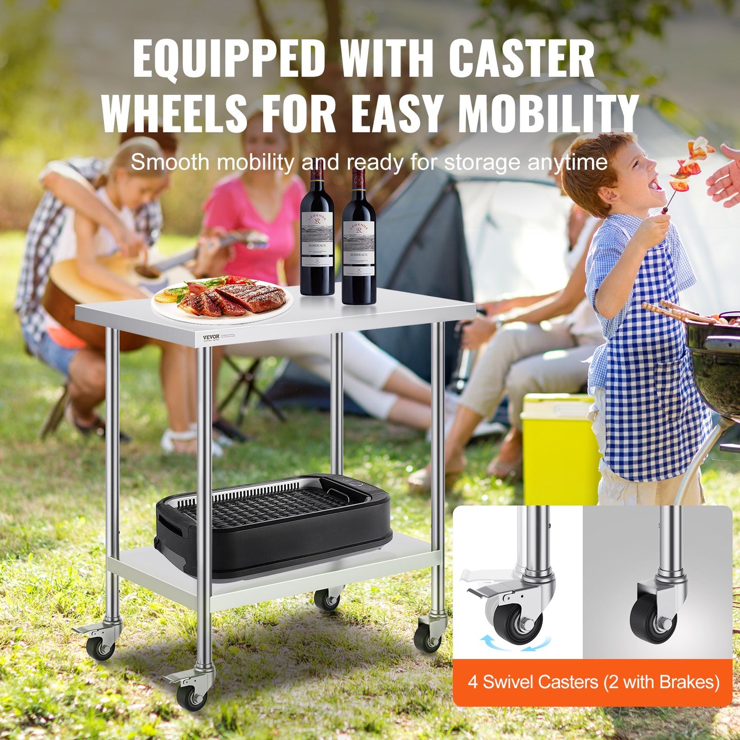 Stainless Steel Work Table - 24x36x38 Inch with Wheels, Adjustable Height