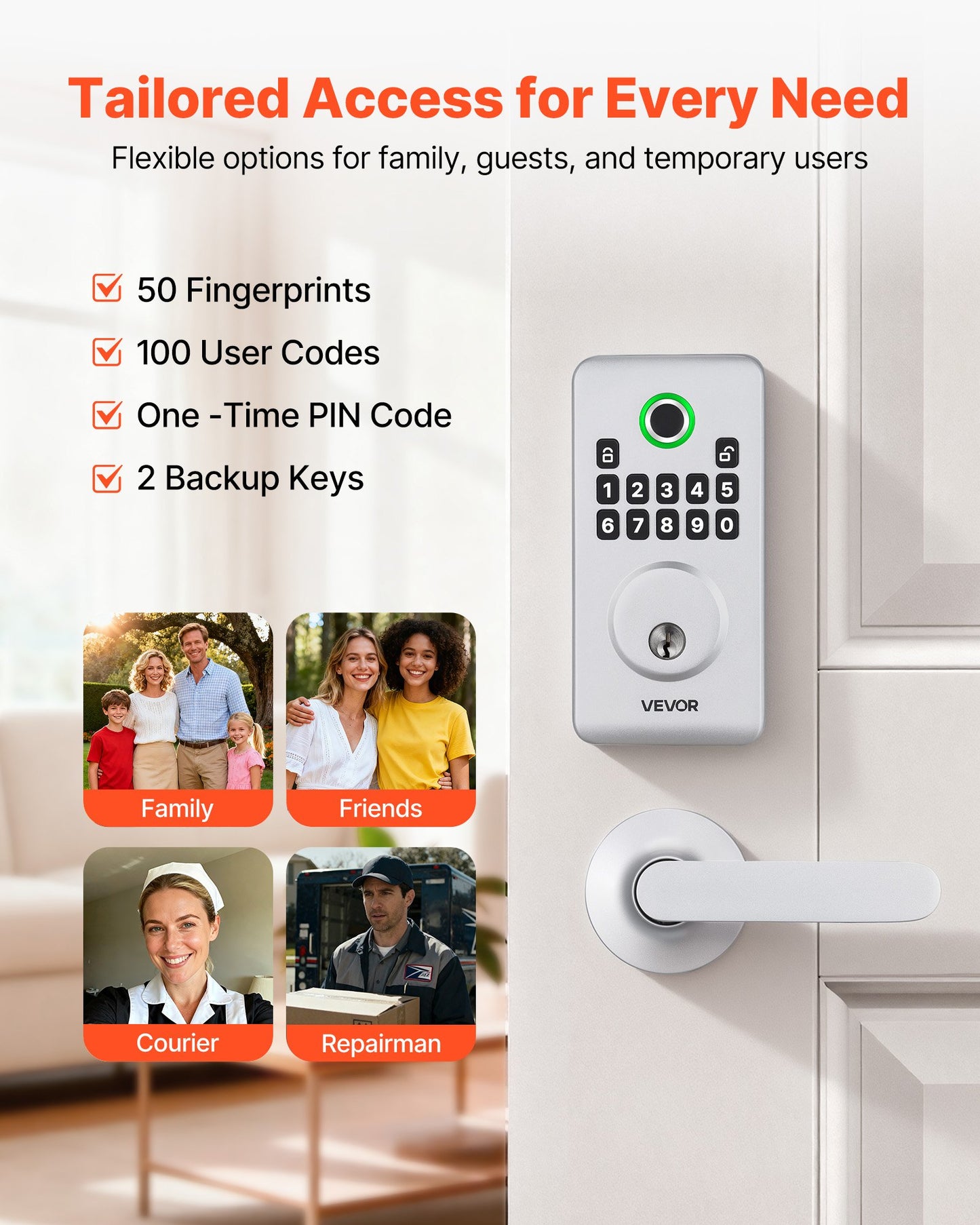 Keyless Biometric Door Lock Set with Handle, Auto Lock, 50 Fingerprints - Black