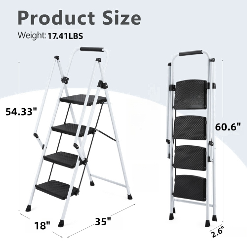White Four-Step Ladder Folding Stepladder Anti-Slip Steel Stool Multi-Purpose