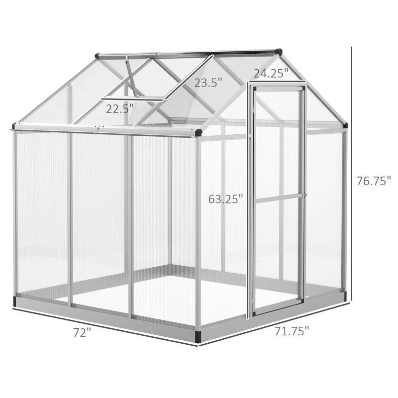 Walk-In Polycarbonate Greenhouse with Roof Vent & Rain Gutter - Silver, 8x6 ft