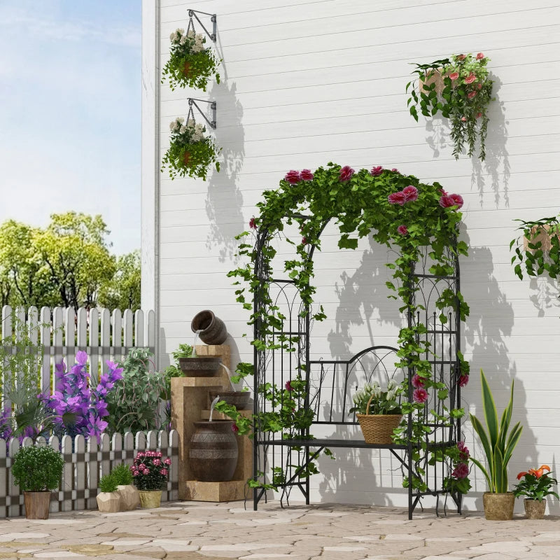 Outdoor Metal Trellis Arbor with Garden Bench for Climbing Plants, Black, 484 lbs Capacity