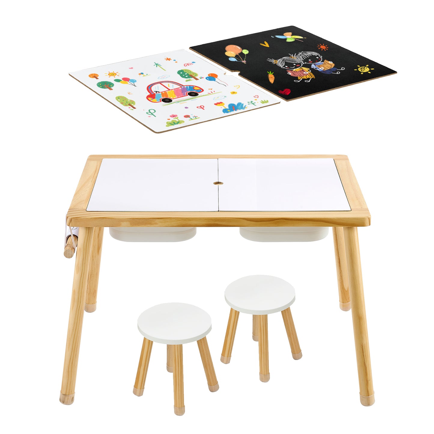 Wooden Toddler Sensory Table with 2 Stools, Double-Sided Board, Storage Bins & Non-Slip Feet
