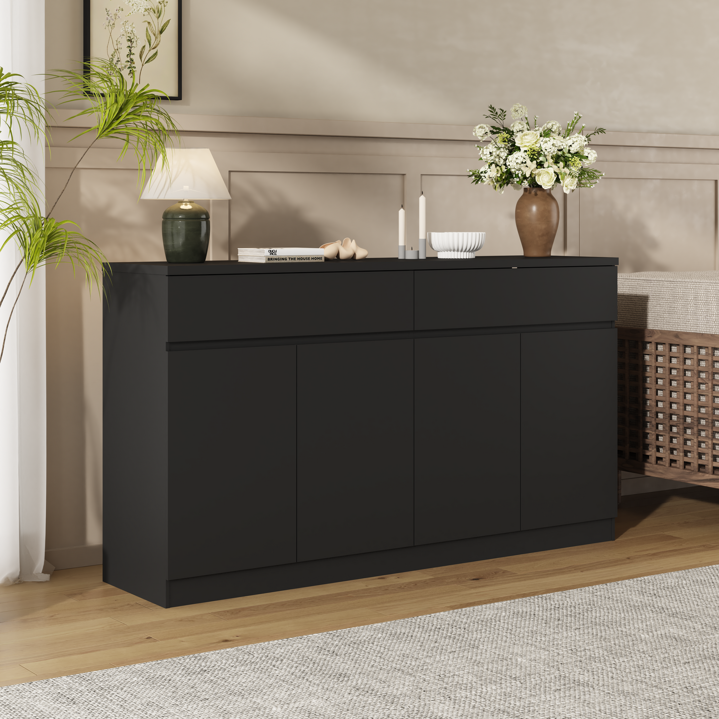 Large Black Sideboard Buffet Cabinet with Storage & 2 Drawers