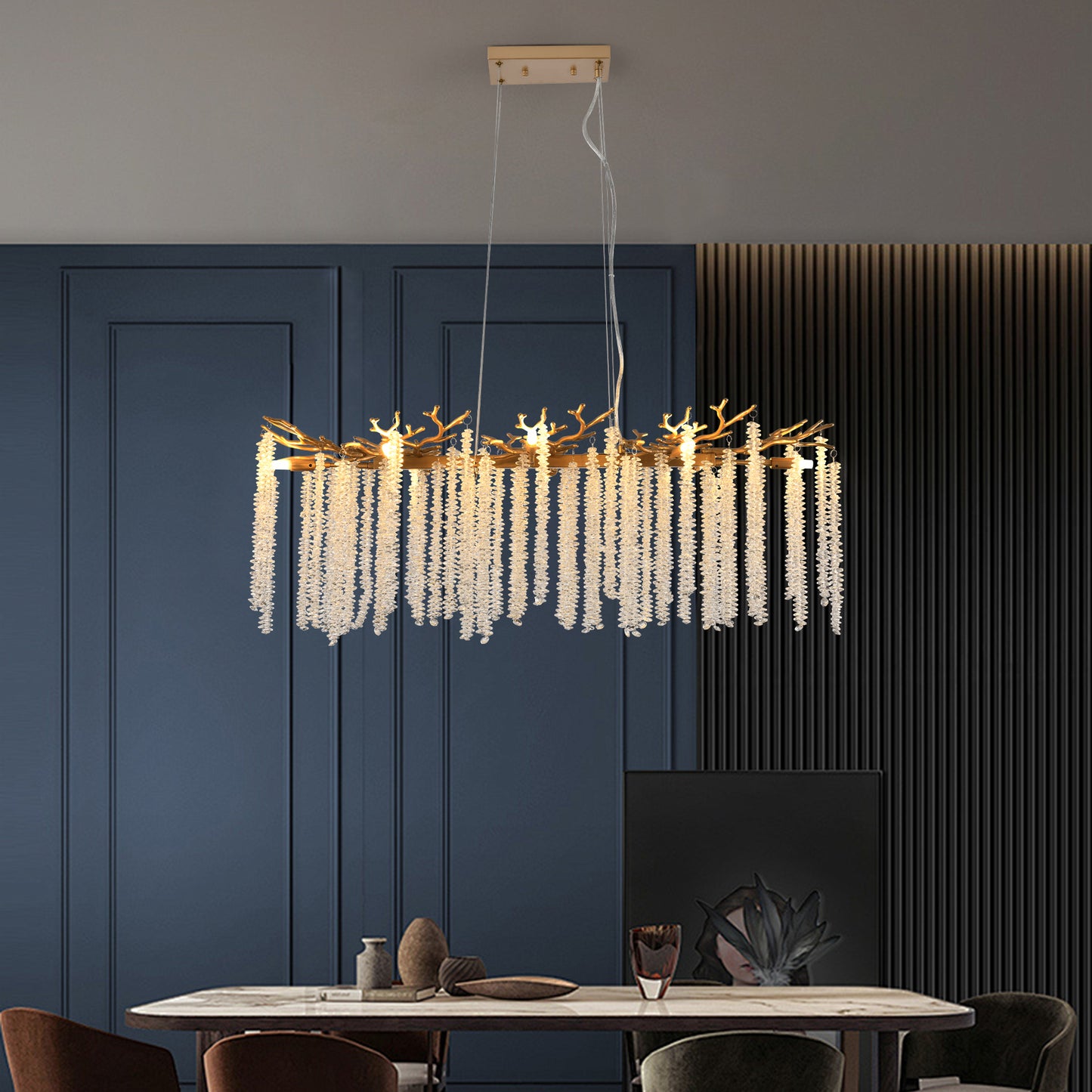 39-Inch Modern Gold Pendant Light with Cascading Crystal Strands - Living & Dining Room Fixture