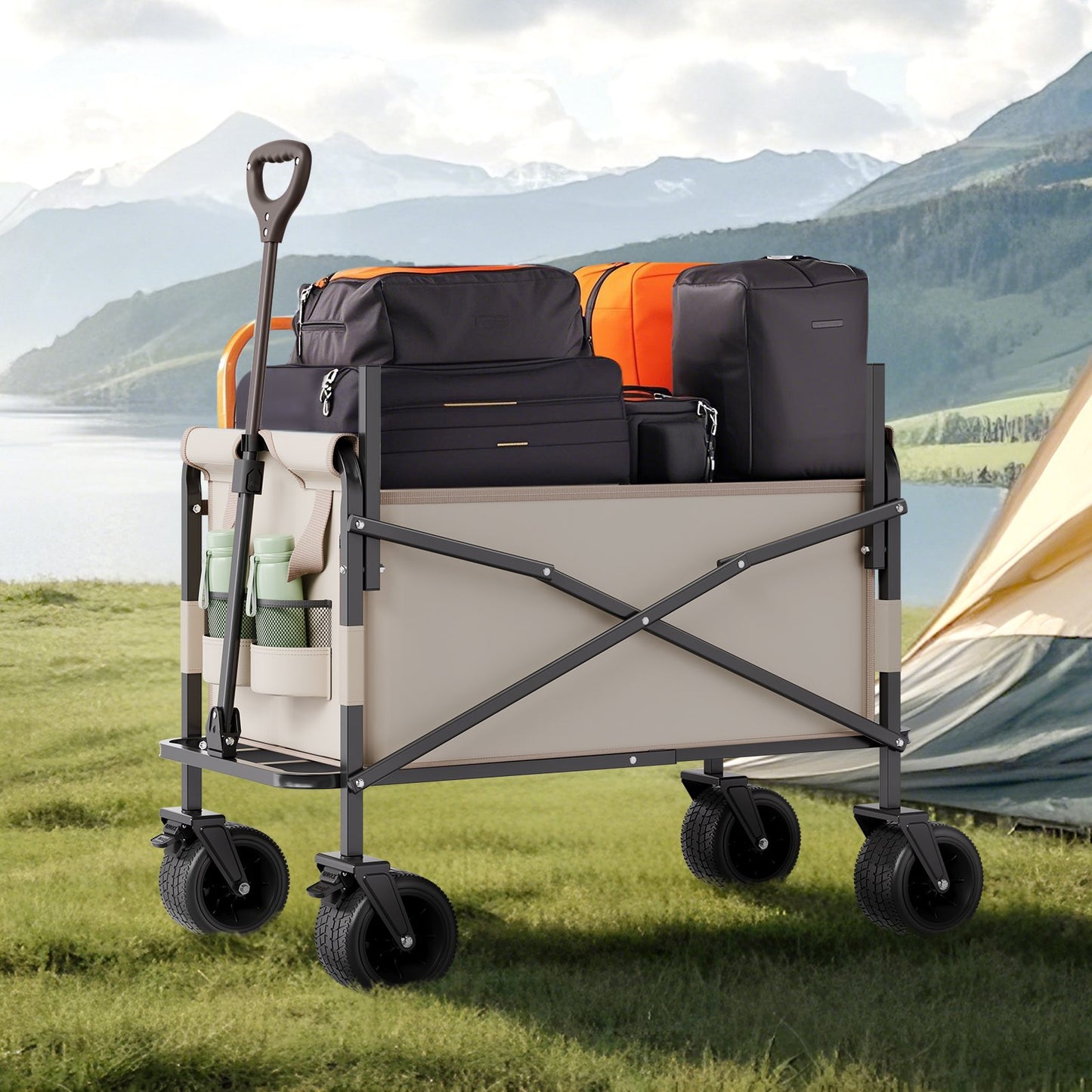 Foldable Wagon Cart with Bench Conversion - Heavy Duty Utility Cart 550lb Load