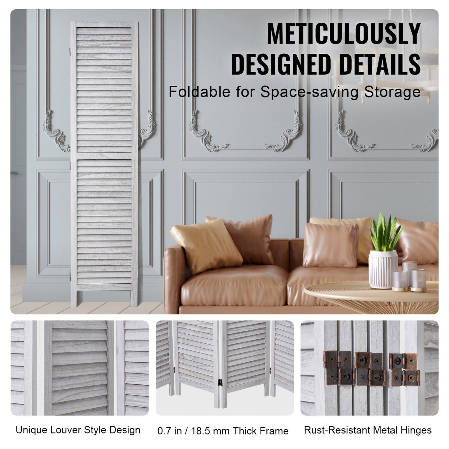 6-Panel Wood Folding Room Divider - 66.9 Inches Tall, White