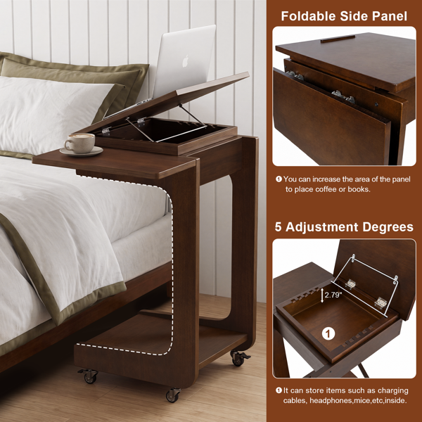 Solid Wood C-Shaped End Table with Adjustable Desktop - Walnut