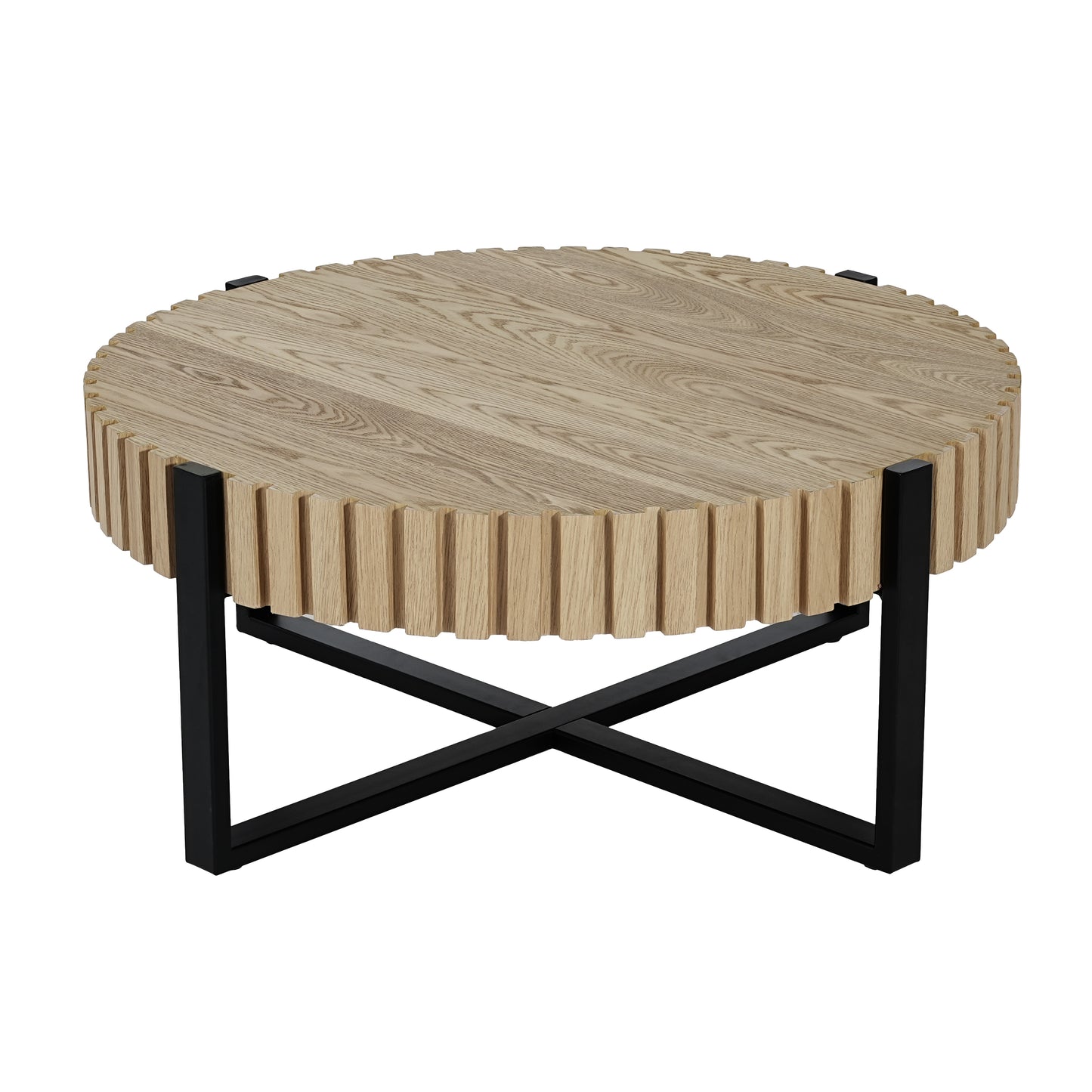 Modern Round Coffee Table with Marble Top & Cross Metal Base - 31.5"