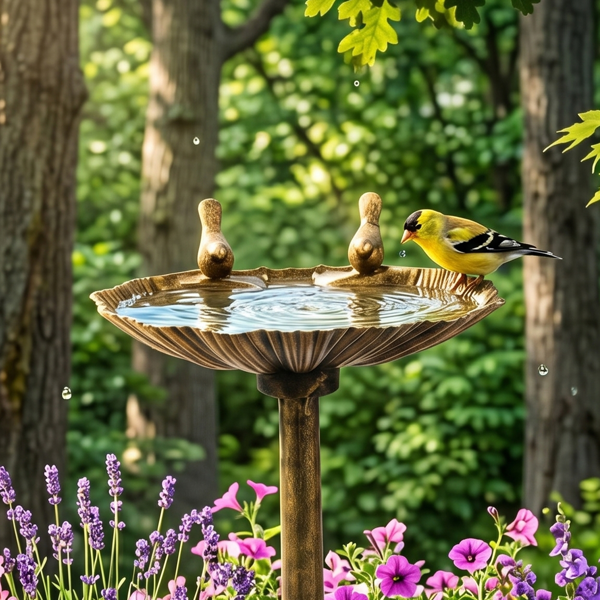 Antique Bronze Resin Bird Bath with Shell Edge and Solar Fountain - Outdoor Garden Decor