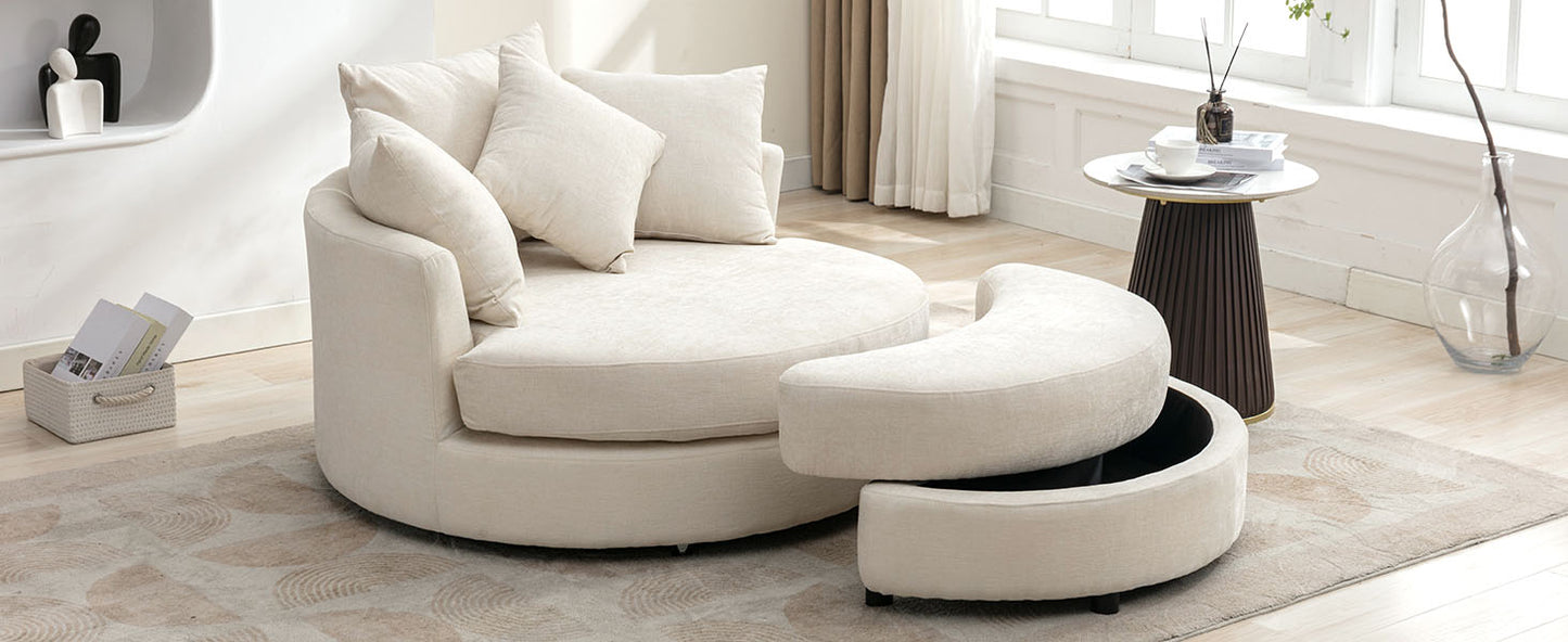 360° Swivel Accent Barrel Chair with Storage Ottoman & 4 Pillows - Cream