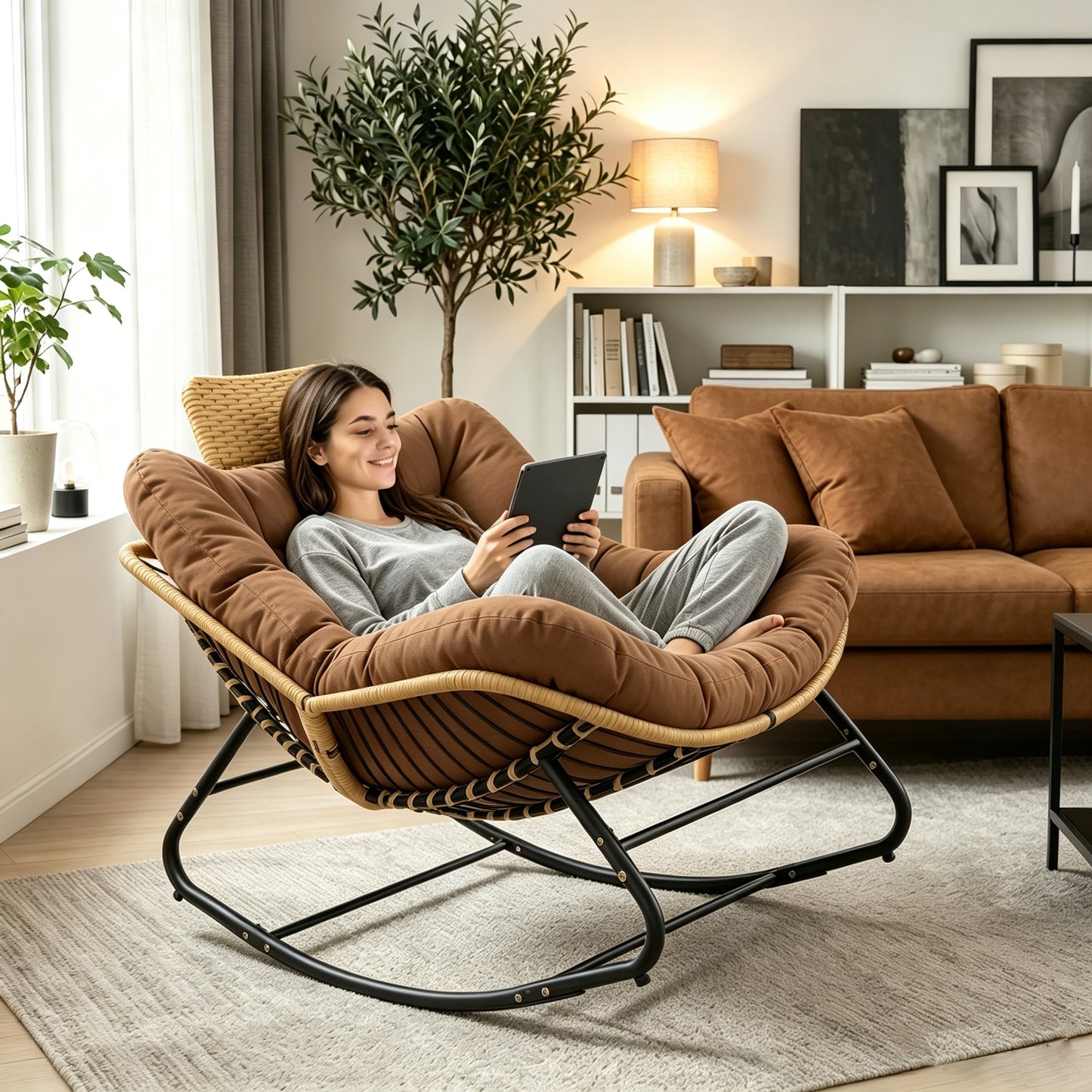 Oversized Papasan Rocking Chair with Thick Cushion - Brown