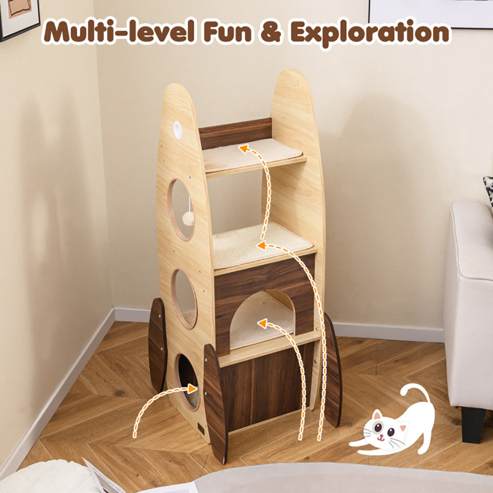 Large 47-Inch Wooden Cat Tree with Scratching Pad and Multi-Level Playhouse - Natural & White