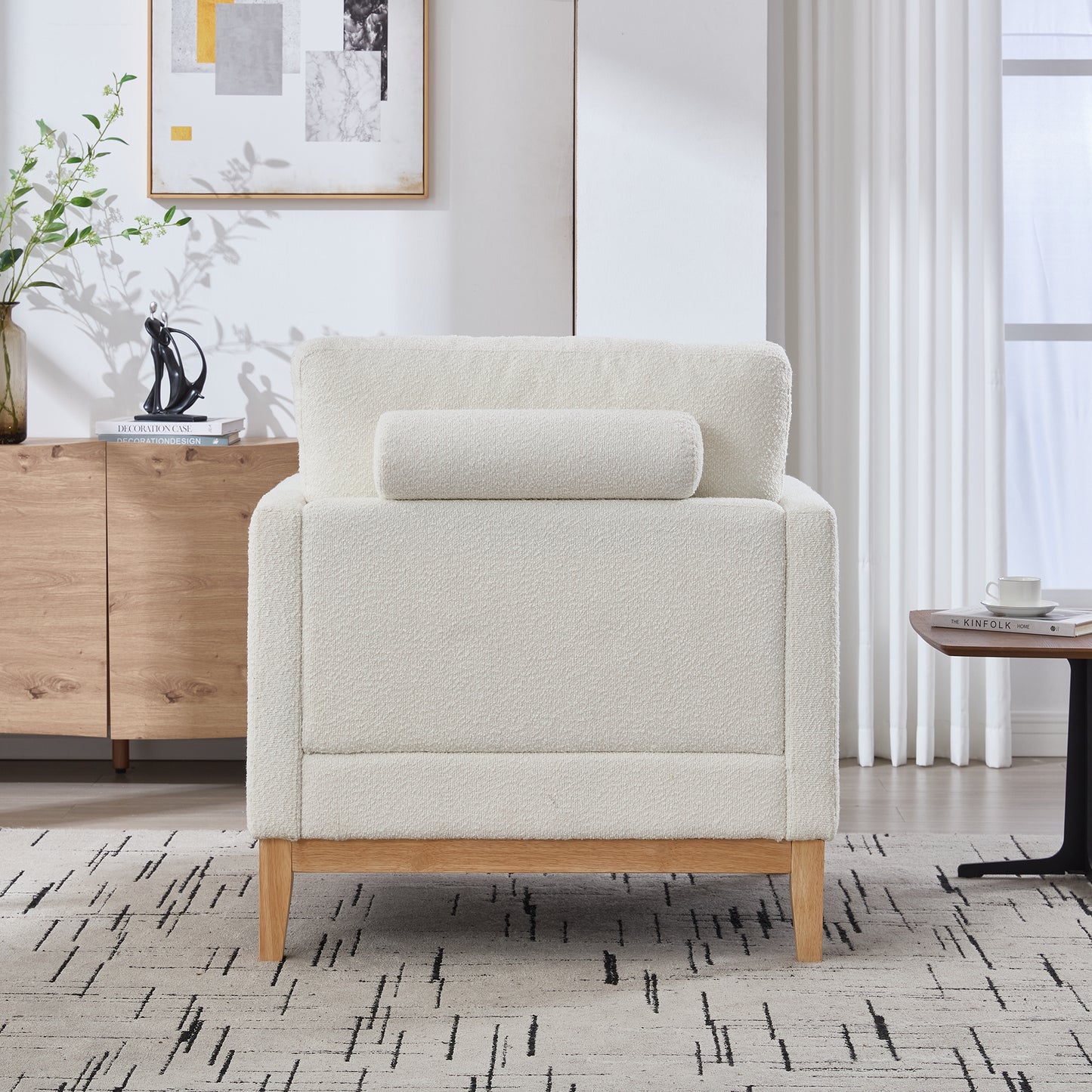 Modern Farmhouse Accent Chair with Wood Legs & Bolster Pillows - Ivory