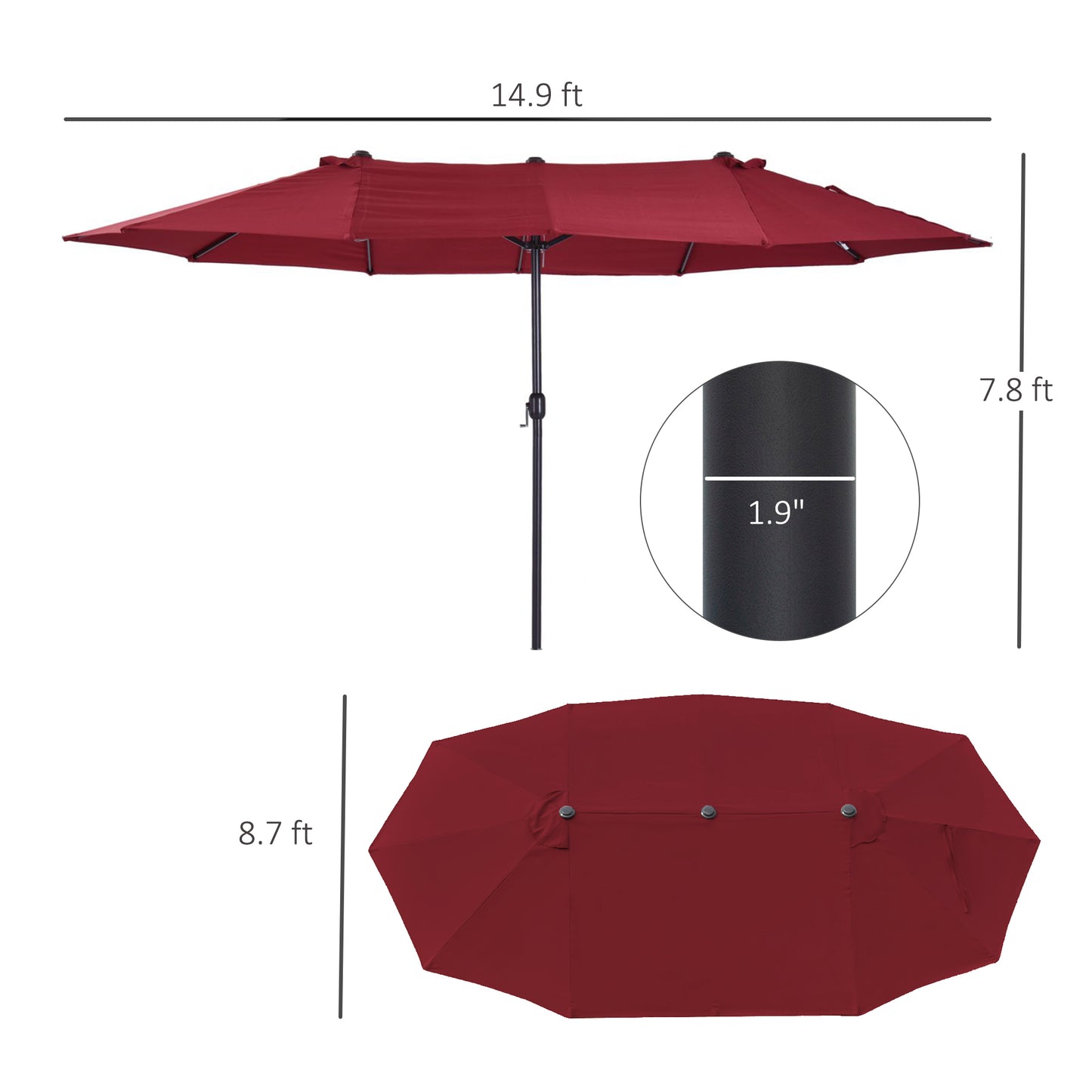 15 ft Double-Sided Patio Umbrella with Crank - Wine Red