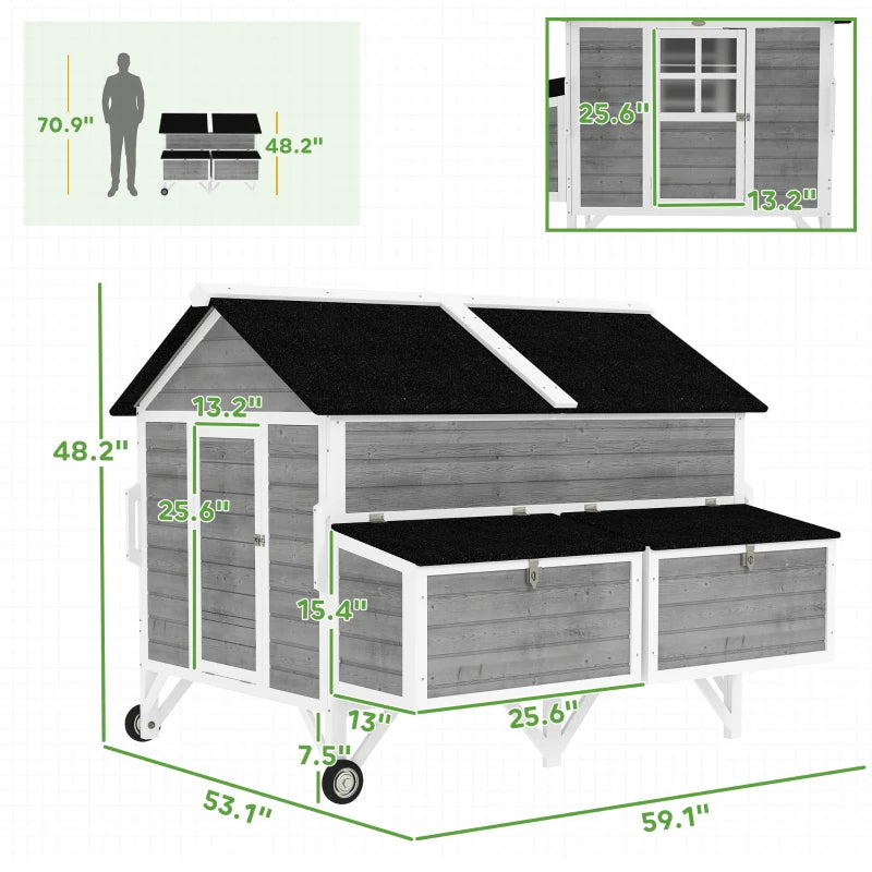 Wooden Chicken Coop with Wheels Handles 2 Nesting Boxes 4 Perches 2 Trays Gray