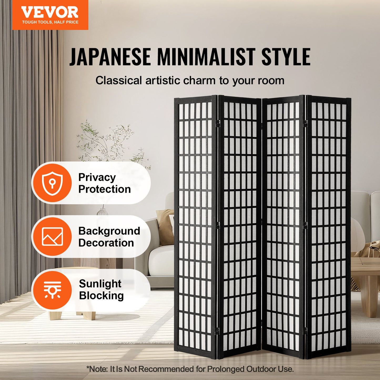 64-Inch Wood Folding Room Divider - Japanese Privacy Screen